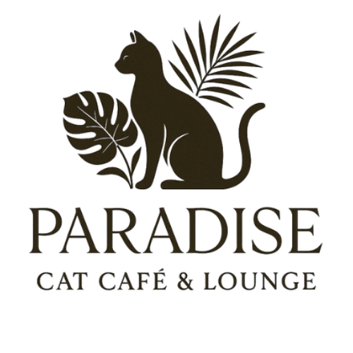 Paradise Cat Café logo featuring a black cat silhouette with tropical leaves